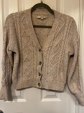 LOFT Cable Knit Speckled Donegal Cardigan V-Neck Sweater, Size MP